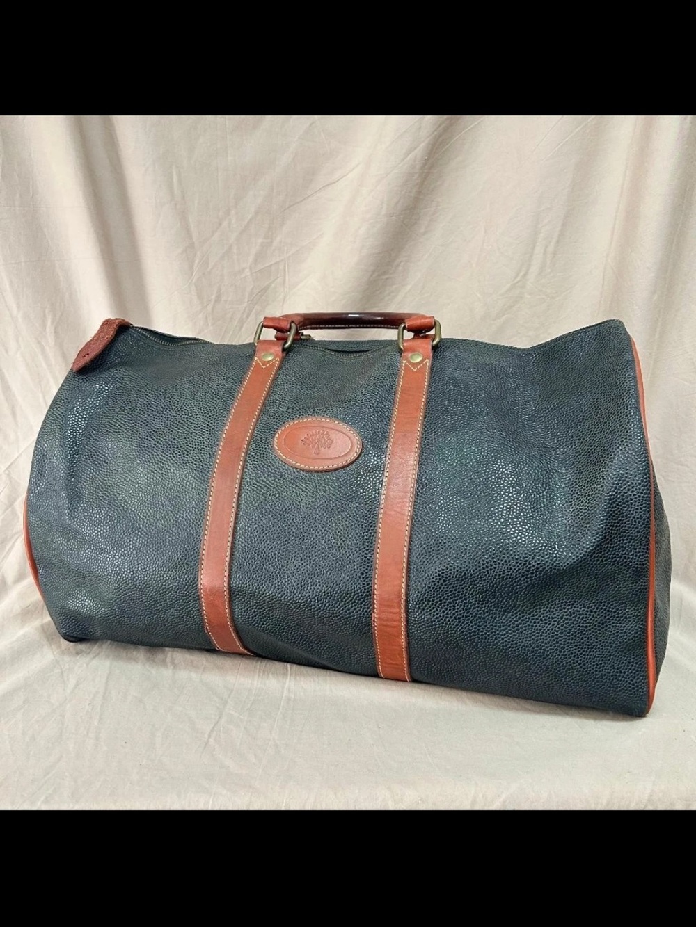 Mulberry Navy Textured Duffel with Brown Leather Trim
